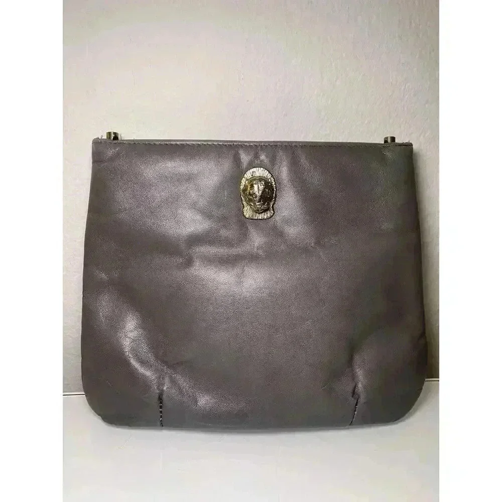 Vintage Ruth Saltz 70s Gray Leather Clutch Bag Silver Tone Lion Emblem No Strap